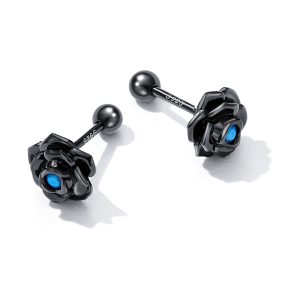 Solid 925 Sterling Silver Beaded Black Rose Stud Earrings