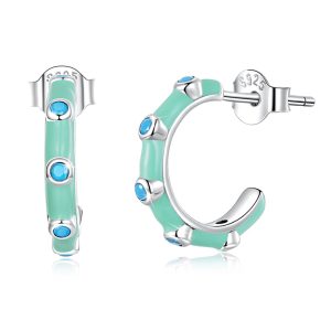 Solid 925 Sterling Silver Blue Caterpillar C-Hoop Earrings