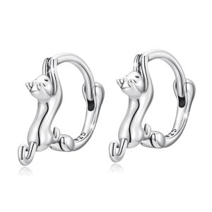 Solid 925 Signature Silver Purring Silver Cat Huggie Earrings