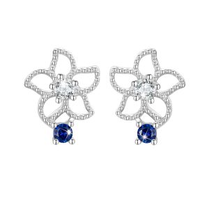 Solid 925 Signature Silver Mono Blue Flower Earrings