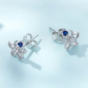 Solid 925 Signature Silver Mono Blue Flower Earrings