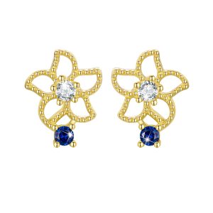 Solid 925 Signature Silver Mono Blue Flower Earrings In Gold