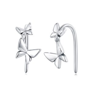 Solid 925 Signature Silver Butterfly Cane Hook Earrings