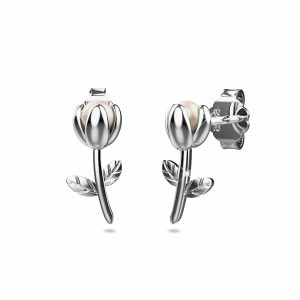 Solid 925 Signature Silver Tulip Opening Pearl Stud Earrings