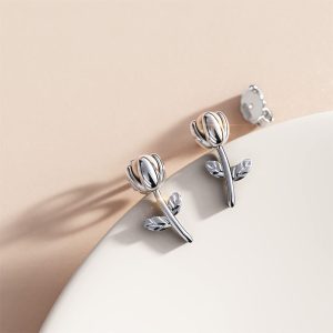 Solid 925 Signature Silver Tulip Opening Pearl Stud Earrings