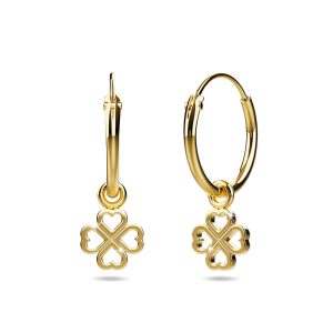 Solid 925 Signature Silver Clover Hearts Dangle Hoop Earrings In Gold