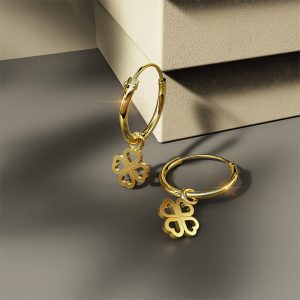 Solid 925 Signature Silver Clover Hearts Dangle Hoop Earrings In Gold