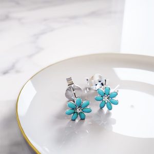Solid 925 Signature Silver Victorian Teal Petals Stud Earrings