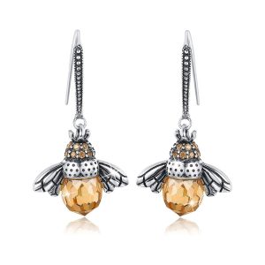 Solid 925 Sterling Silver Lady Bee Drop Earrings