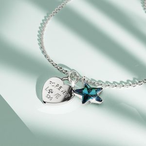 Solid 925 Sterling Silver Heart-Shaped Pendant and Bermuda Blue Necklace Embellished with Crystals from Swarovski®