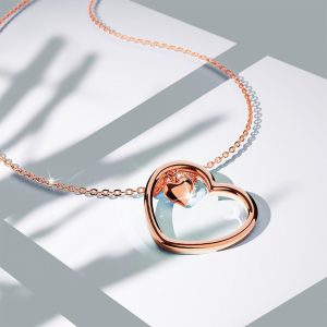 Solid 925 Sterling Silver Rose Gold Filled Joined Heart-Shaped Pendant Necklace