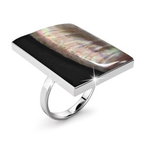 Solid 925 Sterling Silver Vanguard Iridescent Black Lip Ring