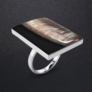 Solid 925 Sterling Silver Vanguard Iridescent Black Lip Ring