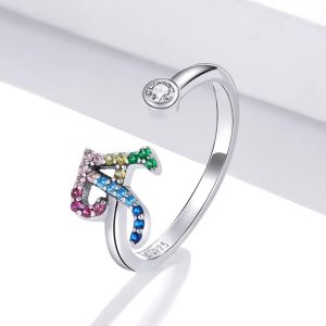 Solid 925 Sterling Silver Colourful Rainbow Alphabet Letter Adjustable Rings - A