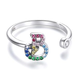 Solid 925 Sterling Silver Colourful Rainbow Alphabet Letter Adjustable Rings - B