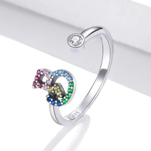 Solid 925 Sterling Silver Colourful Rainbow Alphabet Letter Adjustable Rings - B