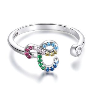 Solid 925 Sterling Silver Colourful Rainbow Alphabet Letter Adjustable Rings - C
