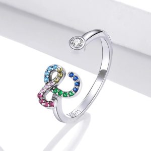 Solid 925 Sterling Silver Colourful Rainbow Alphabet Letter Adjustable Rings - C