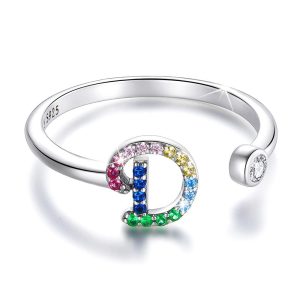 Solid 925 Sterling Silver Colourful Rainbow Alphabet Letter Adjustable Rings - D