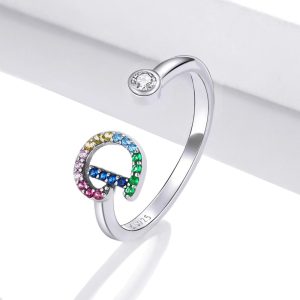 Solid 925 Sterling Silver Colourful Rainbow Alphabet Letter Adjustable Rings - D