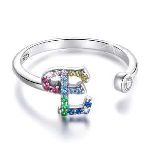 Solid 925 Sterling Silver Colourful Rainbow Alphabet Letter Adjustable Rings - E