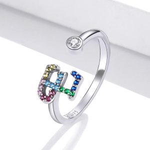 Solid 925 Sterling Silver Colourful Rainbow Alphabet Letter Adjustable Rings - E
