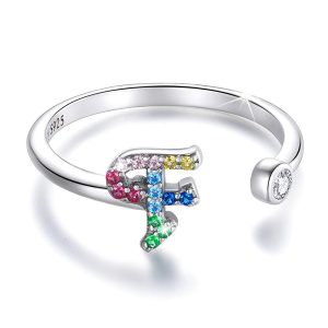 Solid 925 Sterling Silver Colourful Rainbow Alphabet Letter Adjustable Rings - F
