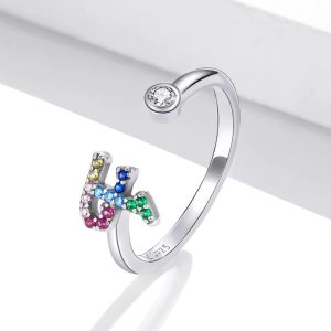 Solid 925 Sterling Silver Colourful Rainbow Alphabet Letter Adjustable Rings - F