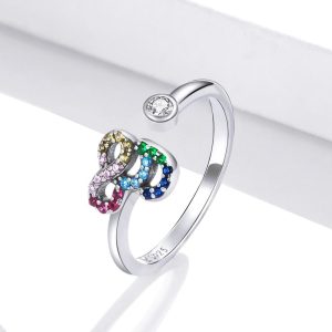 Solid 925 Sterling Silver Colourful Rainbow Alphabet Letter Adjustable Rings - G