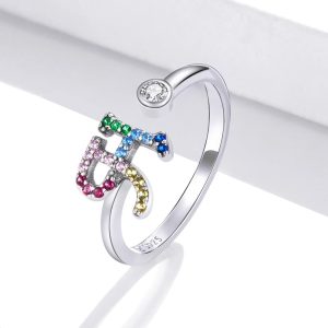 Solid 925 Sterling Silver Colourful Rainbow Alphabet Letter Adjustable Rings - H