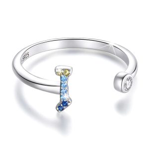 Solid 925 Sterling Silver Colourful Rainbow Alphabet Letter Adjustable Rings - I