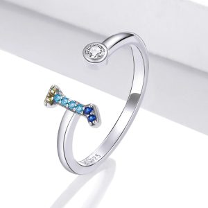 Solid 925 Sterling Silver Colourful Rainbow Alphabet Letter Adjustable Rings - I