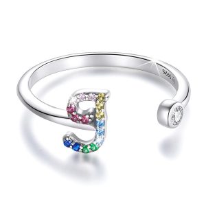 Solid 925 Sterling Silver Colourful Rainbow Alphabet Letter Adjustable Rings - J