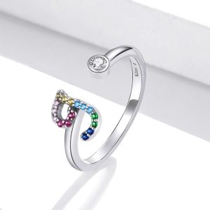 Solid 925 Sterling Silver Colourful Rainbow Alphabet Letter Adjustable Rings - J