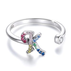 Solid 925 Sterling Silver Colourful Rainbow Alphabet Letter Adjustable Rings - K