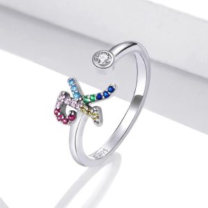 Solid 925 Sterling Silver Colourful Rainbow Alphabet Letter Adjustable Rings - K