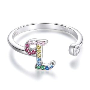 Solid 925 Sterling Silver Colourful Rainbow Alphabet Letter Adjustable Rings - L