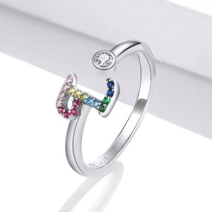Solid 925 Sterling Silver Colourful Rainbow Alphabet Letter Adjustable Rings - L