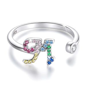 Solid 925 Sterling Silver Colourful Rainbow Alphabet Letter Adjustable Rings - M
