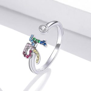 Solid 925 Sterling Silver Colourful Rainbow Alphabet Letter Adjustable Rings - M