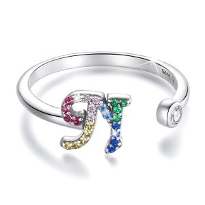 Solid 925 Sterling Silver Colourful Rainbow Alphabet Letter Adjustable Rings - N