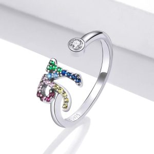 Solid 925 Sterling Silver Colourful Rainbow Alphabet Letter Adjustable Rings - N