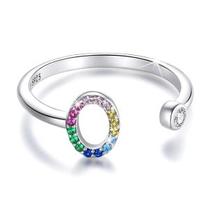 Solid 925 Sterling Silver Colourful Rainbow Alphabet Letter Adjustable Rings - O