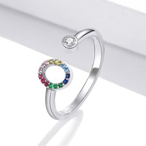 Solid 925 Sterling Silver Colourful Rainbow Alphabet Letter Adjustable Rings - O