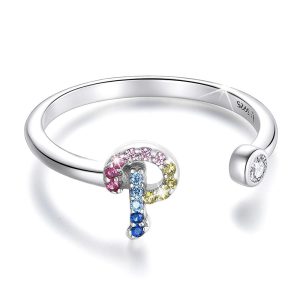 Solid 925 Sterling Silver Colourful Rainbow Alphabet Letter Adjustable Rings - P