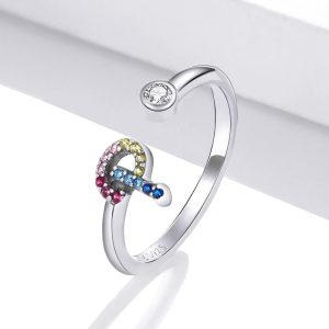 Solid 925 Sterling Silver Colourful Rainbow Alphabet Letter Adjustable Rings - P