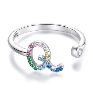 Solid 925 Sterling Silver Colourful Rainbow Alphabet Letter Adjustable Rings - Q