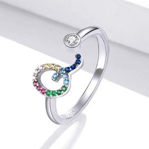Solid 925 Sterling Silver Colourful Rainbow Alphabet Letter Adjustable Rings - Q