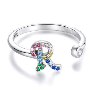 Solid 925 Sterling Silver Colourful Rainbow Alphabet Letter Adjustable Rings - R