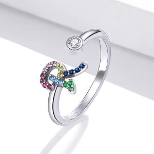 Solid 925 Sterling Silver Colourful Rainbow Alphabet Letter Adjustable Rings - R